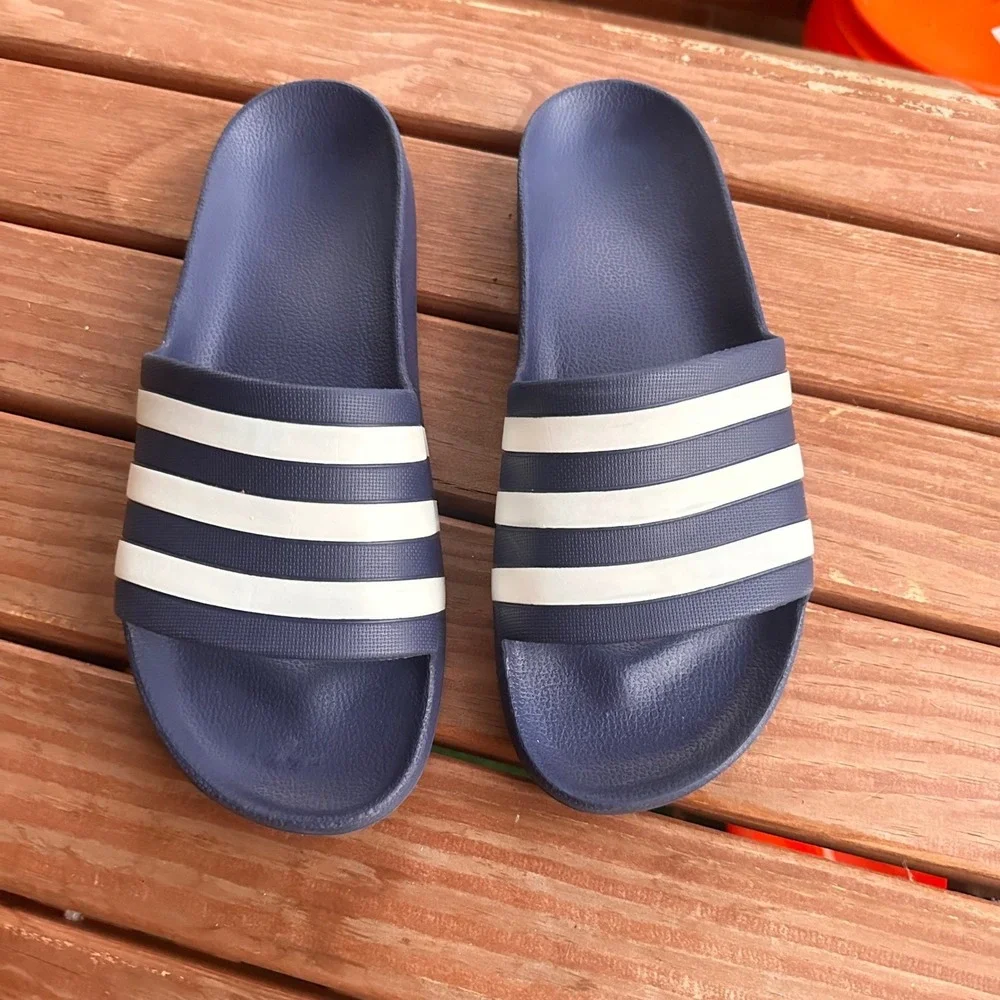 Adidas Adilette Slide Sandals Navy Blue White Three Stripe Mens Slides 11